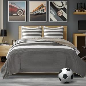 Comfort Spaces Twin Quilt Set Trendy Casual Fun, Vibrant Color Stripes Design, All Season Lightweight Coverlet Bedspread Twin Size Kids Bedding & Sham, Verone, Twin/Twin XL, Grey, 2 Piece