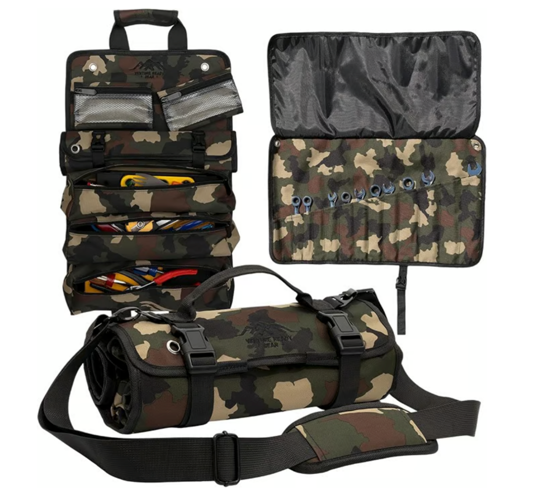 VentureReady Gear Roll Up Heavy Duty Tool Bag 900D Canvas & 1680D Straps - Detachable Wrench Roll + Mesh Pockets - For Overlanding, Camping, Vanlife, Road Trips, Offroading (Camo)