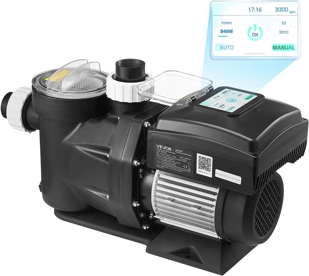 VEVOR Variable Speed Pool Pump, 1.5 HP, AC 220-240V, 115 GPM, In/Above Swimming Pool Pump with Filter Basket, Powerful Self Priming, Programmable Timer, for Inground and Above Ground Swimming Pool