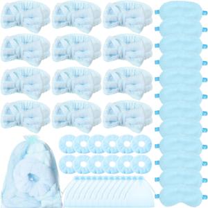 Mimorou 48 Pieces Spa Party Supplies Gift for Mother's Day 12 Spa Headband 12 Plush Sleep Eye Mask 12 Velvet Scrunchies 12 Organza Bags for Sleepover Slumber Party Graduation Gift(Blue)