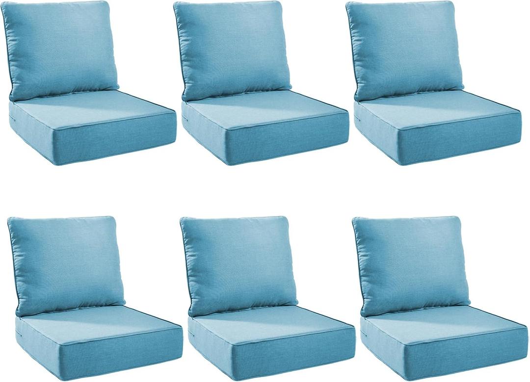 Outdoor Cushion for Patio Furniture - 6" Thick Patio Chair Cushions with Water Resistant & Removable Cover, 28D High Density Sponge, 22x24 Outdoor Seat Cushions for Chair/Sofa| Light Blue | 6-Pack |