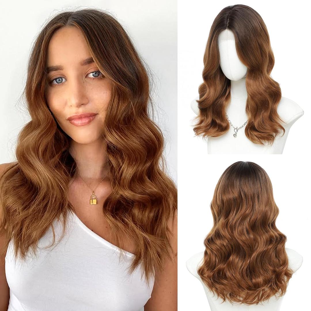 18 inch Wavy Wigs for Women - Middle Part Wavy Light Brown Wig with Upgraded Strands Synthetic Natural Hairline Wig for Daily Party(Light Brown,18 Inch