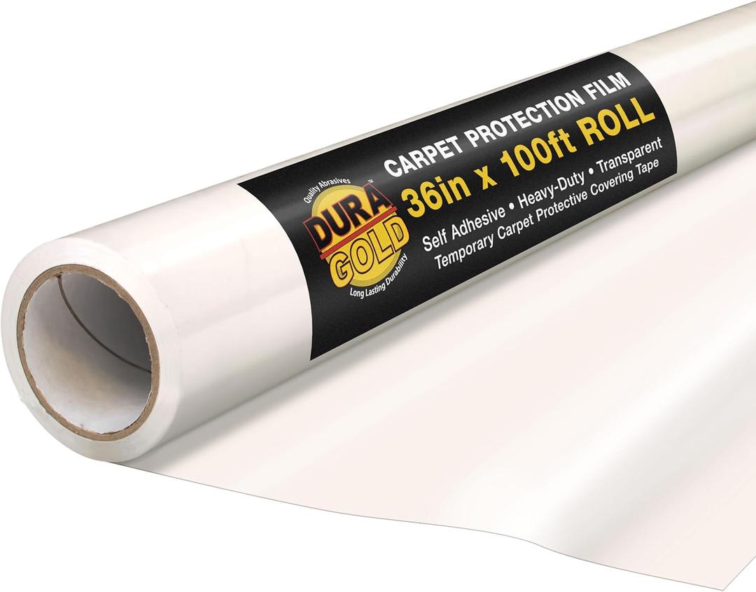 Dura-Gold Carpet Protection Film, 36-inch x 100-foot Roll, Clear Plastic Carpet Protector, Self-Adhesive Plastic for Temporary Stair, Rug, and Floor Protection