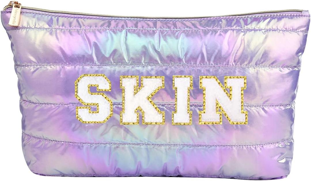 Hiroyuki Iridescent Makeup Bag, 14 inches Cosmetic Bag, Large Capacity Travel Pouch (Skin, purple)