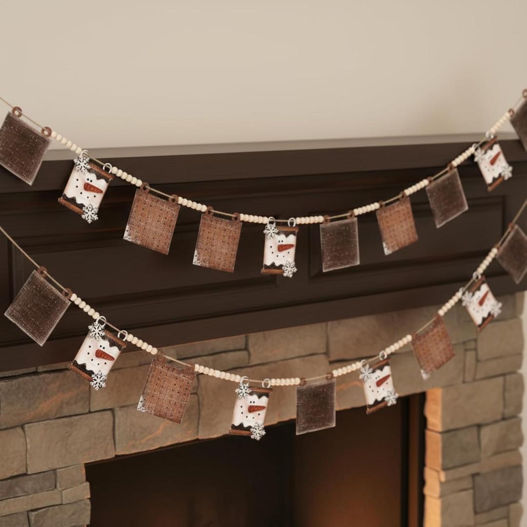 Pinkunn 10 ft Christmas S'Mores Banners Decoration Wooden Smores Man Cookie Garland Winter Hot Cocoa Bar Marshmallow Snowman Banner Winter Farmhouse Hanging Garland for Christmas Tree Fireplace Wall
