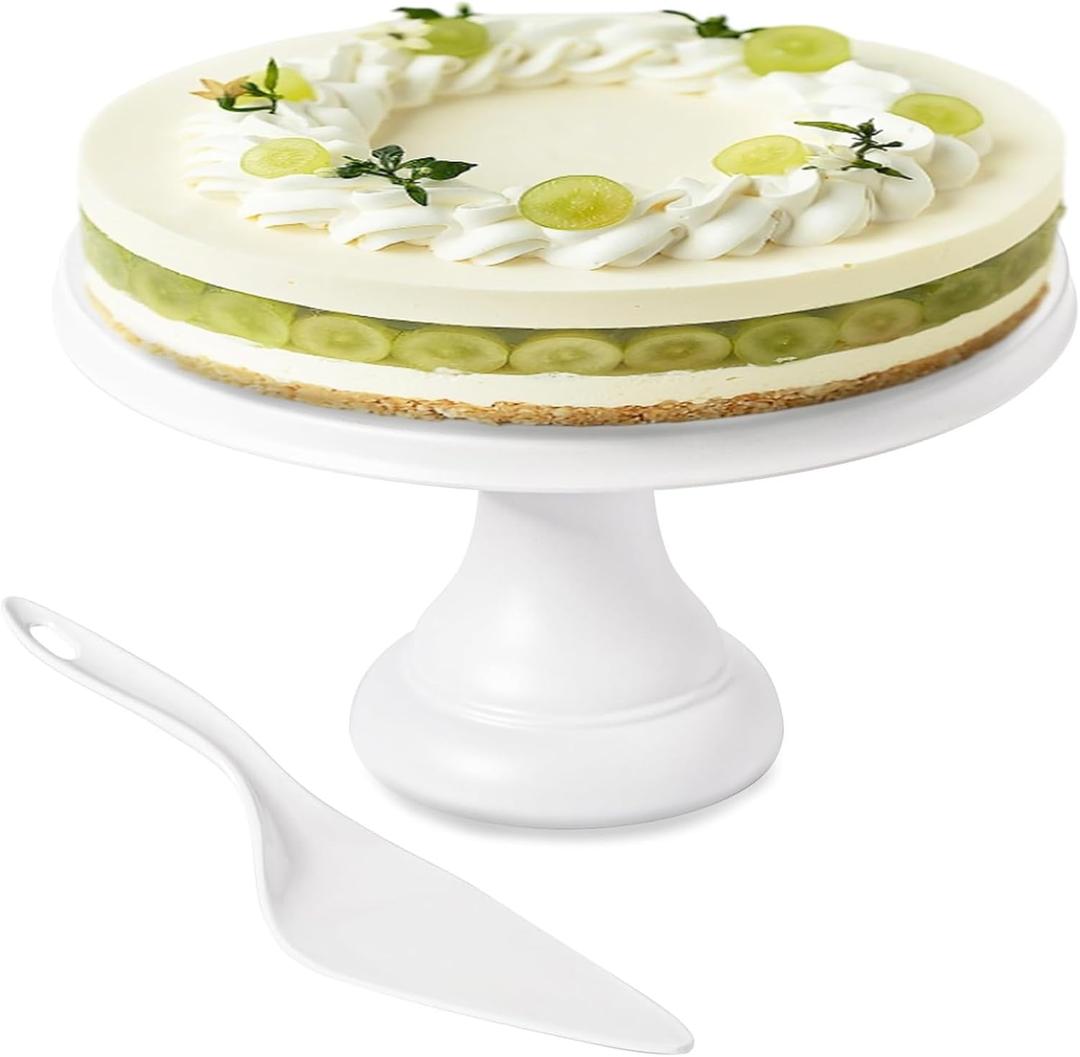 JOYMAY 9.6 Inch Bamboo Fiber Cake Stand, Round Cake Holder, Cake Plate with Detachable Base, Dessert Table Display Set, Cake Decorating for Birthday Party Baking Gifts for 6inch, 8inch Cakes (White)