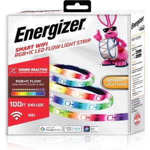 Energizer Smart RGB+IC LED Light Strip, 100 Foot Indoor Wi-Fi Color Flow LED Light Strip, Sound Reactive, Remote Access, Voice Control with Alexa, Siri, Google, Grouping, Scheduling, No Hub Required