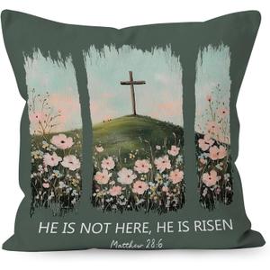 Christian Easter Floral Cross Decorative Throw Pillow Cover, Religious Easter Decor, He is Risen Bible Verse Pillow Covers for Home Church Prayer Room Bed Sofa Decor, 18x18 Inch