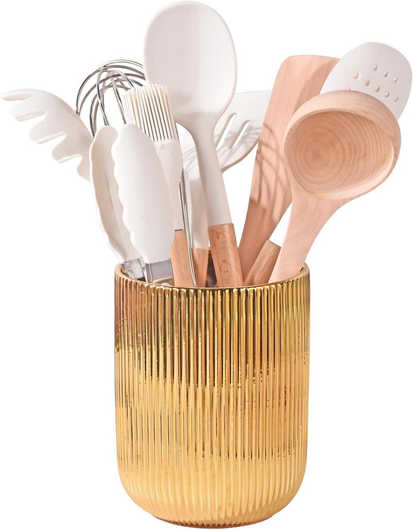 Utensil Holder, Ceramic Kitchen Gold Utensil Holder for Countertop,Cooking Utensil Crocks for Kitchen Counter 5.1 W x 6.6 H inchesstripes