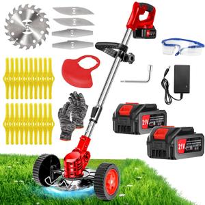 Cordless Weed Wacker, Electric Grass Trimmer 21V 4.0Ah Battery Powered Weed Trimmer, 3 in 1 Stringless Lightweight Brush Cutter/Edger/Mower with 3 Types Blade & Wheels for Garden and Yard Lawn 