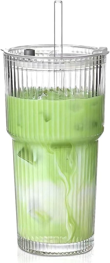 20 oz Glass Tumblers, Iced Coffee Cups with Lids and Glass Straws, Thickened Wall Ribbed Glass Cups, Ideal for Smoothies, Cocktails, and Juices  Vintage and Durable Drinkware  1 Pack