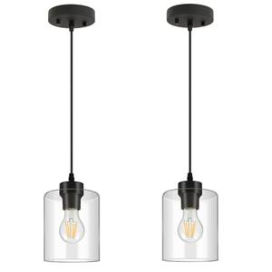 BoostArea Modern Pendant Light Fixtures, Industrial Hanging Ceiling Lamp with Clear Glass Shade, Farmhouse Black Pendant Lighting for Kitchen Island Decor Living Room Hallway Bedroom Dining（2 Pack）