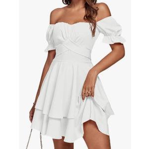 LYANER Women's Tie Back Off Shoulder Wrap Layer Ruffle Short Sleeve Mini Dress,No size