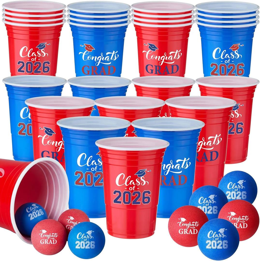 Chuangdi 30 Pieces Graduation Party Game Set 16 oz Blue and Red Class of 2026 Plastic Cups with 8 Pcs Congrats Grad Balls for 2026 Graduation High School College Grad Game Party Decorations Supplies