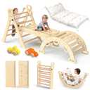 BlueWood Pikler Triangle Set with Cushion - Climbing Toys for Toddlers 9-in-1, Montessori Philosophy Play Jungle Gym with Arch, Ramp, Ladder (Natural Color)