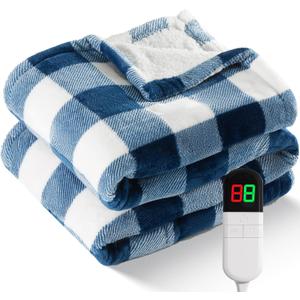 Electric Heated Sherpa Buffalo Plaid Christmas Throw Blanket with 8 Heating Levels & 8 Hours Auto Off, Fast Heating Warm Plush Washable Blanket with Over-Heat Protection, ETL Certification, Blue (Throw-50" x 60")