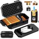 Travel Cigar Humidor Box set with Cigar Ashtray, Cigar Torch Lighter, Built-in V Cutter & Punch & Holder & Draw Enhancer Tool, Humidifier & Hygrometer, Portable Travel Cigar Case, Cigar Gifts for Men (Black)