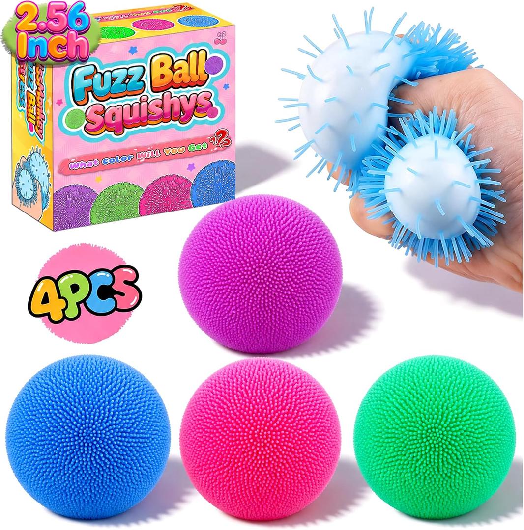 4 Pack Fuzz Ball Squishy Stress Balls, 2.56 Inch Sensory Squeeze Toys for Kids Adult Anxiety Stress Relief, Quiet Fidget Toys for School Home Office Travel, Small