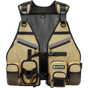 Wading Hands Free Fishing Vest for Lure, Adjustable Straps (Tan) | Built in Rod Holder, Tackle Box Pocket, 3 Heavy Duty D Rings for Landing Net, Gripper and Plier, High Water Resistant Pockets