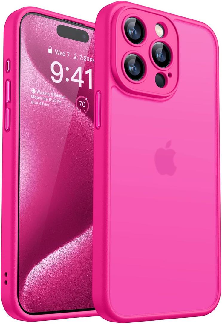 CANSHN Matte Compatible with iPhone 15 Pro Case, Upgraded [Full Camera Protection] [Translucent Matte] Shockproof Protective Phone Case Cover 6.1 Inch - Hot Pink