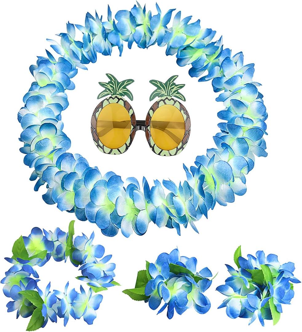 5 Pack Hawaiian Flower Lei Set, Hawaiian Lei Flower Garland Fancy Dress Set with Pineapple Sunglasses, Hawaiian flower Necklace Headbands and Wristbands For Tropical Hawaiian Luau Party Supplies, Blue