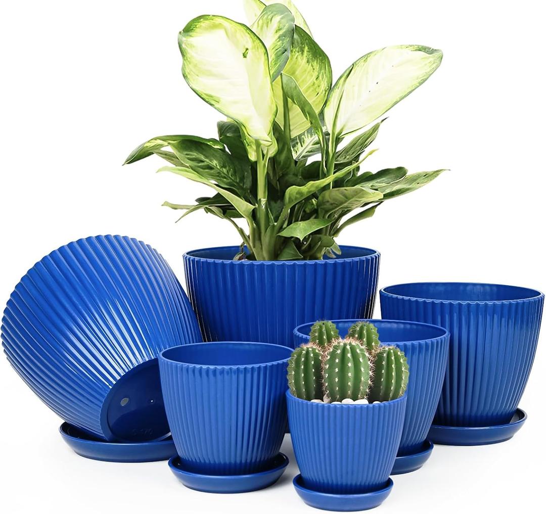 Plant Pots Indoor with Saucers & Drainage - 6 Pack Flower Pots - Plastic Planters for Indoor Planter - 7.5/6.6/5.8/5.0/4.3/3.5 inches Sizes for All Different Types of Plants-Dark Blue