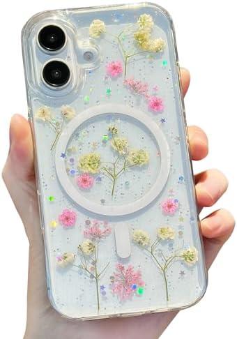 ASONCE Cute Real Flowers for iPhone 16 Plus Case [Compatible with MagSafe] Glitter Magnetic Cover with Pressed Dried Floral Women Girly Phone Case for iPhone" - Clear Sparkly
