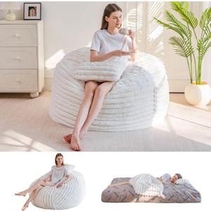 MAXYOYO Giant Bean Bag Chair Bed with Pillow, Convertible Beanbag Sofa to Floor Bed, Lazy Chair Couch with Removable Cover, High-Density Shredded Foam Filling, Cozy Lounge for Bedroom Living Room (Twin, Beige)