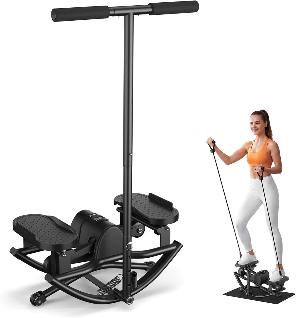 Rocking Steppers for Exercise at Home, Rocker Stepper Side to Side with Resistance Bands & Handlebar for Full Body Workout, Low-Impact Lateral Stepper Exercise Machine with Digital Monitor