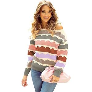 Chic Gray Wave Striped Balloon Sleeve Drop Shoulder Sweater for Women 2XL