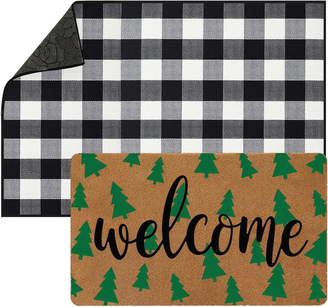 Tinideya 2 Pcs Christmas Welcome Doormat 23x35 in Layered Buffalo Plaid Carpet Coquette Non Slip Christmas Tree Bathroom Coir Mats Cute for Entrance Porch Indoor Outside Home Decor Gift Supplies