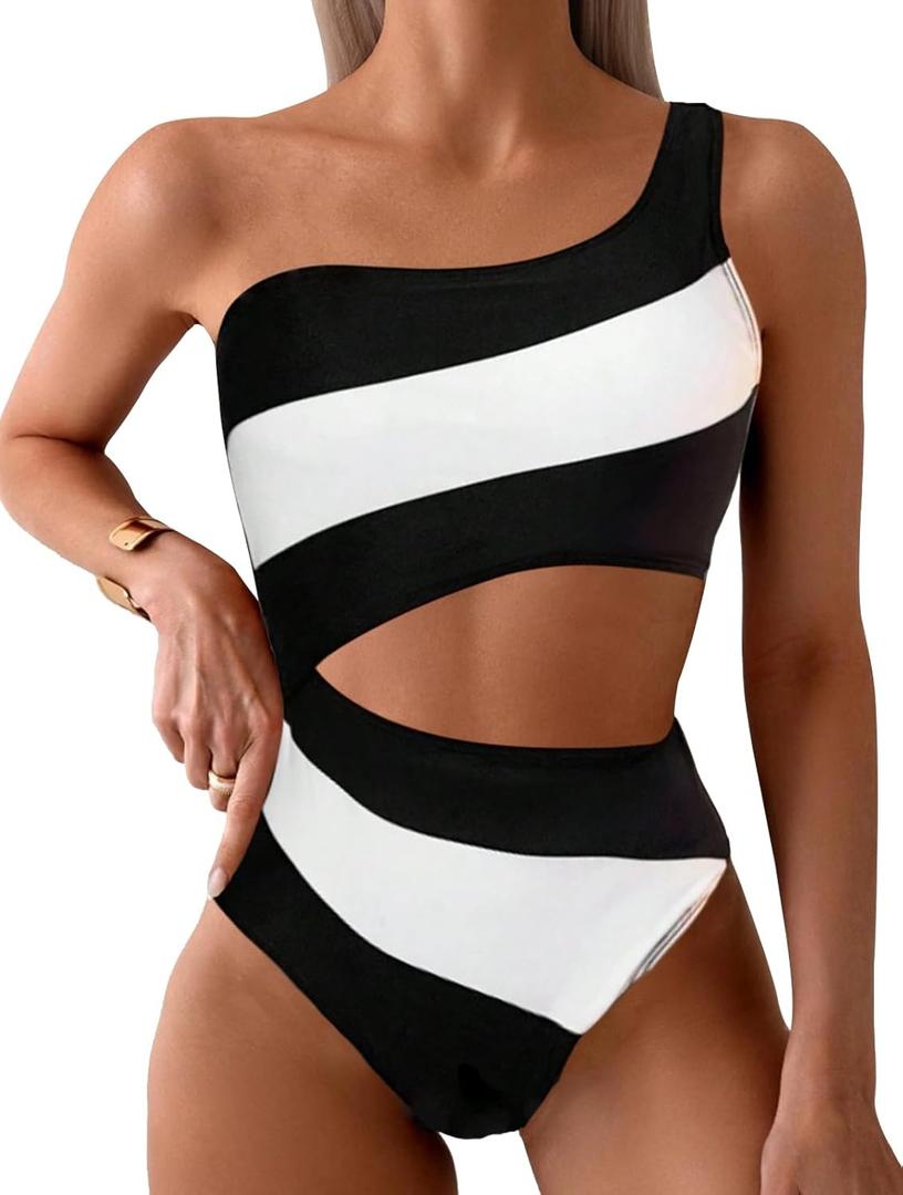 Leoparts Women's Color Block One Piece Swimsuits Monokini One Shoulder Cutout High Cut Bathing Suits Beachwear (Large, Black and White)