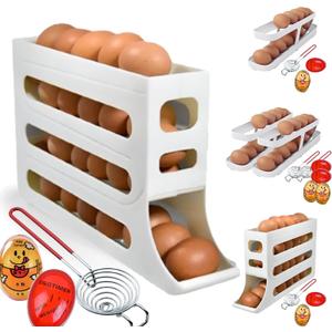 4 Pieces 1 Set Space Saving 28 Eggs Egg Holder For Fridge Auto Rolling  with Rolling Egg Holder with Separator & Egg Timer | Includes Holder & Timer & Separator All in One Set (4 Tier, 1 Count)
