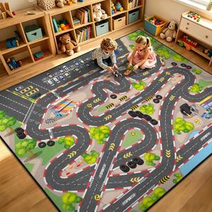 Kids Car Road Playroom Rug, 8x10 ft Race Track Rug Play Mat