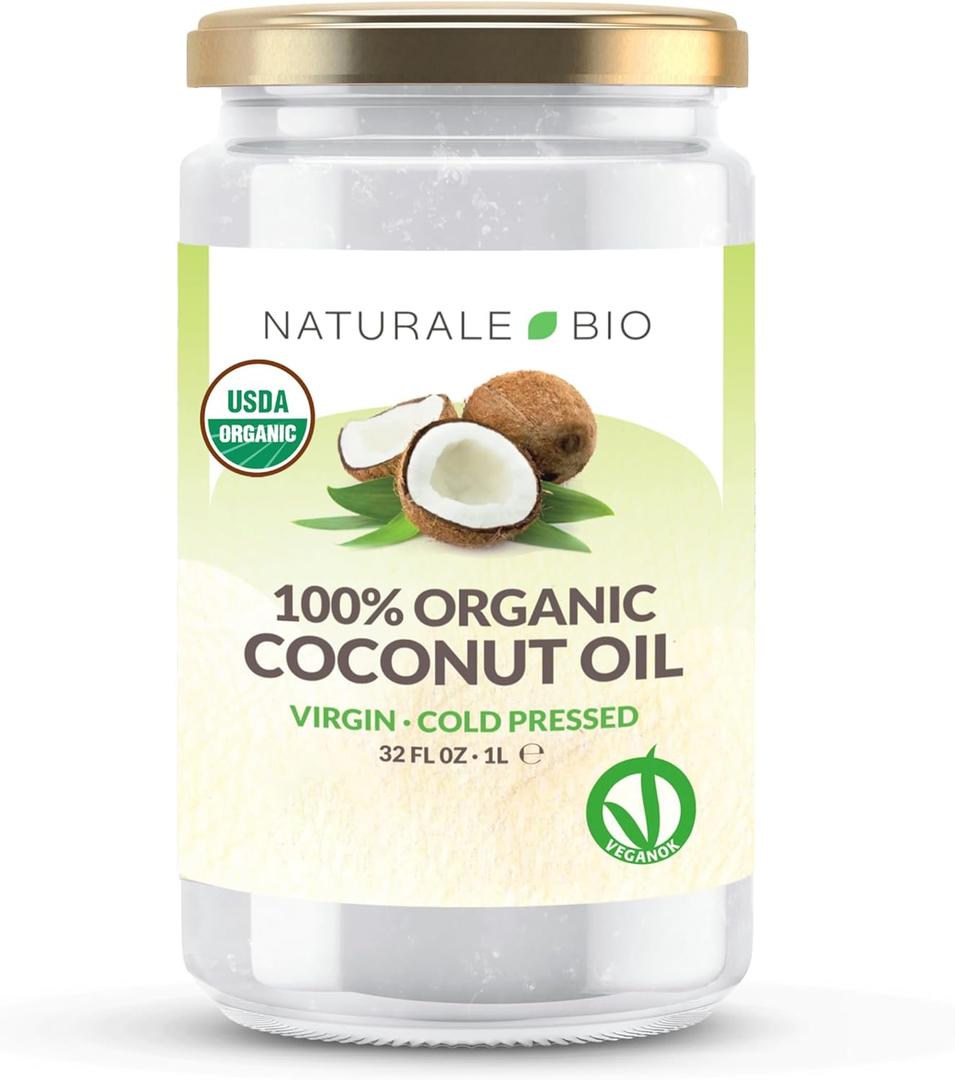 NaturaleBio Organic Virgin Coconut Oil 32 fl oz Raw Cold Pressed for Skin, Hair, Moisturizer, Massage, Body, Hand, Cream, Vegan Butter Alternative, Ideal Lotion, Perfect Care, Best By 09/2025