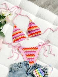 BEAUDRM Women's 2 Piece String Thong Bikini Set Striped Color Block Halter Triangle Swimsuit Multicolor Small