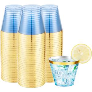 LUODA 150 PCS Blue Plastic Cups,9oz Clear Disposable Cups with Gold Rim, Old Fashioned Tumblers Gold Rimmed Plastic Cups for Any occasion: Weddings, Parties, Business Events