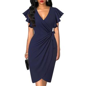 oten Womens Deep V Neck Ruffle Sleeve Sheath Casual Cocktail Party Work Faux Wrap Dress XL