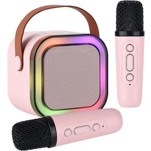 Karaoke Machine for Kids Adults, Mini Portable Bluetooth Karaoke Speaker with 2 Wireless Microphone and Lights,Toys for All Smartphones,Birthday, Family,Home Party Pinkcolor