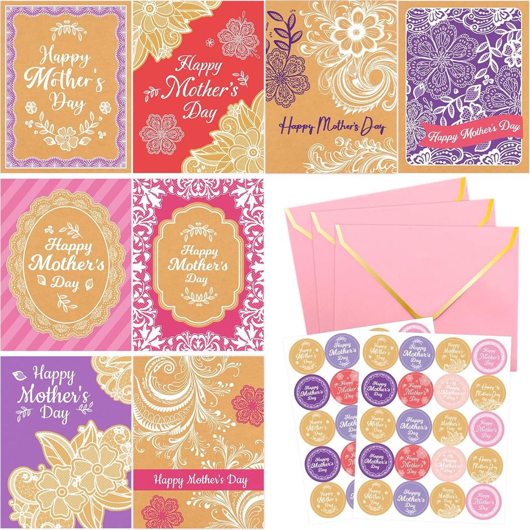WorldBazaar Mothers Day Cards Kraft Bulk 24 Pack Floral Happy Mother’s Day Greeting Card with Envelopes Gift For Mom