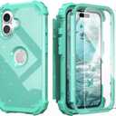 IDweel for iPhone 16 Case with Screen Protector for Women, 3 in 1 Shockproof Slim Fit Hybrid Heavy Duty Hard PC Cover Soft Silicone Bumper Full Body Anti-Fingerprint Case,Glitter Cyan