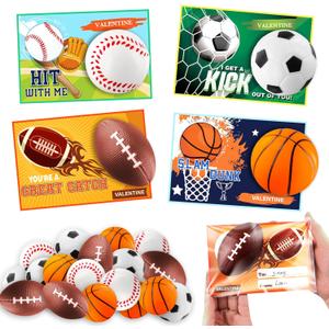 Garma 28 Pack Valentines Gift Cards with Mini Foam Sport Balls Bulk Toys for Kids Classroom Exchange Prizes and Goodie Bags Stuffers, Valentines Stress Relief Party Favor Toys