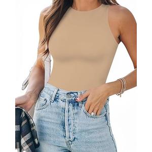 MANGOPOP Tank Top Body Suits Women Sexy Crew Neck Racerback Halter Ribbed Sleeveless Bodysuit for Women, Light Coffee, Large