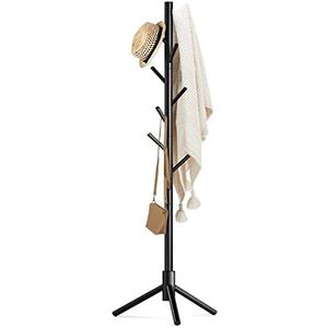 Haddockway Wooden Coat Rack Stand with 8 Hooks New Zealand Pine 3 Adjustable Coat Standing Tree Easy Assembly for Coats, Hats, Scarves and Handbags for Entryway, Hallway, Bedroom, Office, Black