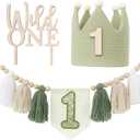 Wild One High Chair Banner For 1st Birthday Party Boy Decorations With Green Tassel Garland Crown Hat Cake Topper