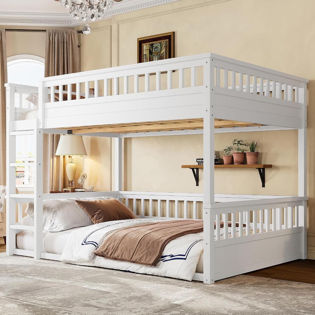 Bellemave Queen Over Queen Bunk Bed for Kids/Adults,Floor Bunk Beds with Inclined Ladder,Solid Wood Low Bunk Bed for Teens,Girls,Boys, Detachable,White