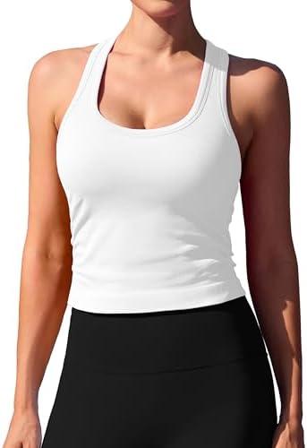 ATTRACO Cropped Workout Tops for Women Tight Side Ruched Tank Tops Built in Bra Athletic Yoga Gym Top, XL