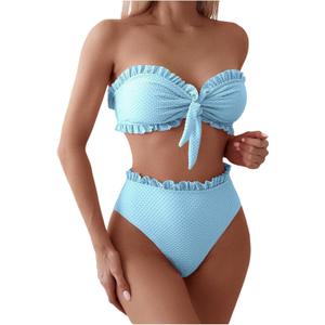 SOLY HUX Women's Ruffle Strapless Bikini Set 2 Piece Bandeau Swimsuit High Waist Bathing Suits (Plain Light Blue), Small