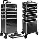 5 in 1 Rolling Makeup Train Case Professional Cosmetic Trolley Large Storage Organizer on Wheels for Hairstylist Artist Nail Beauty Salon Barber Black