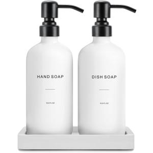 Kitchen Soap Dispenser Set, White Soap Dispenser with Black Stainless Steel Pump, Perfect for Modern Kitchen Decor, White